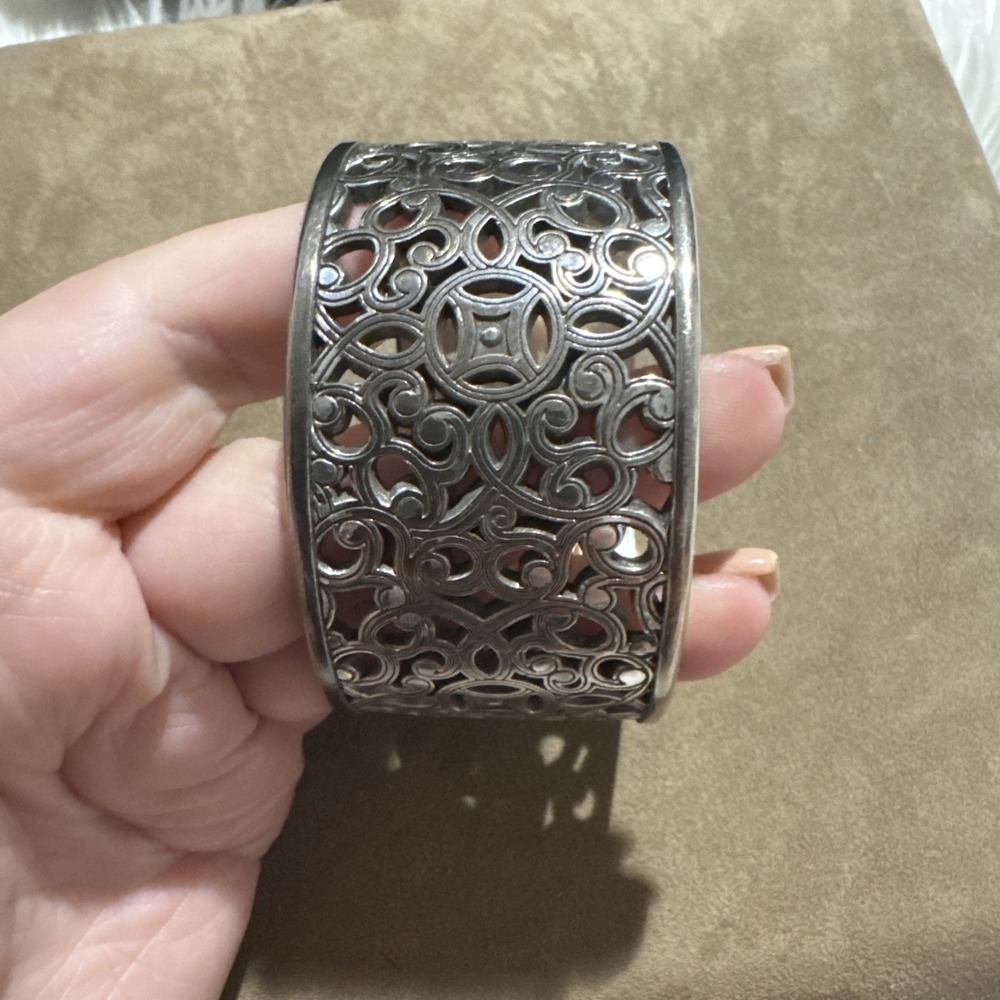 Brighton Serendipity Chunky Wide Ornate Silver Tone Scroll Bangle Bracelet